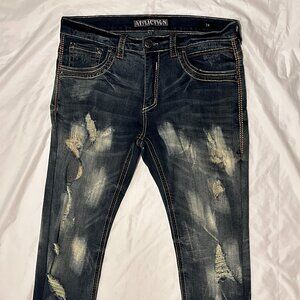 Affliction Jeans Mens 34 Blue Denim Distressed Black Premium Embroidered
